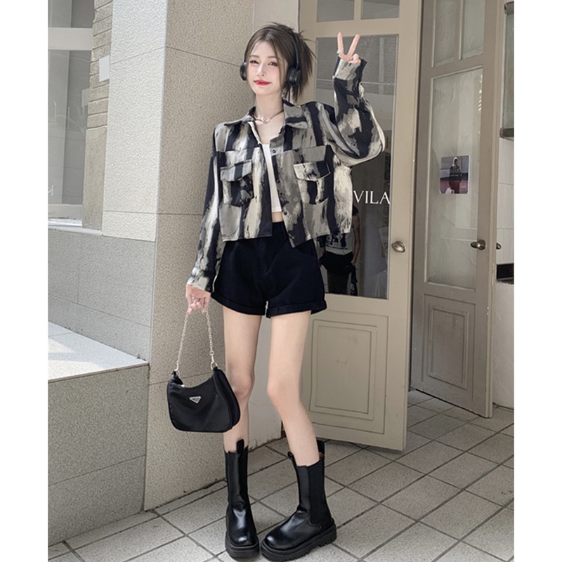 Áo Sơ Mi Ngắn Tay Dài Nhuộm Màu Xám Thiết Kế Mới Phong Cách retro Mỹ Dành Cho Nữ