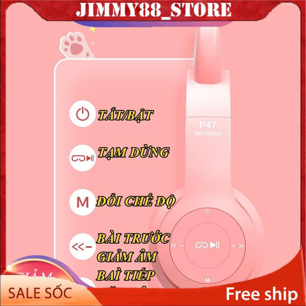 Tai Nghe Chụp tai Mèo Bluetooth P47 ST71 Headphone Dễ Thương Có Mic,Âm Bass Mạnh Mẽ PIN TRÂU JIMMY88