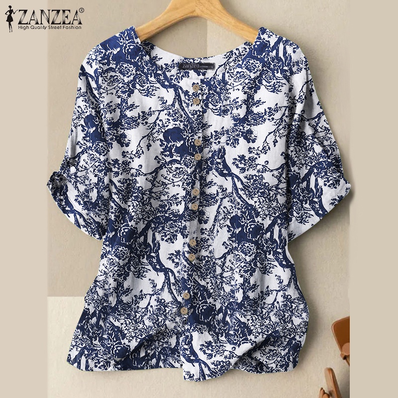 Áo sơ mi ZANZEA ngắn tay cổ tròn dáng rộng phong cách cổ điển cho nữ