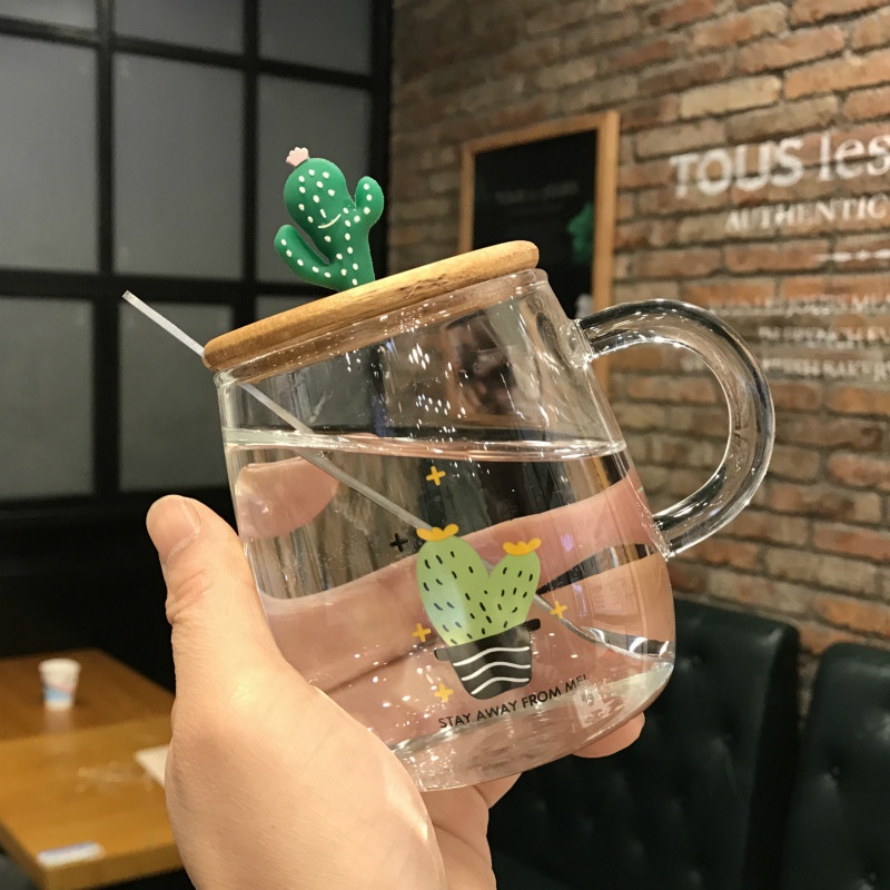 Hàng Mới Về Cốc Thủy Tinh Uống Cà Phê Có Tay Cầm Và Nắp Đậy Và Muỗng Phong Cách Hàn Quốc Dùng Được Trong Lò Vi Sóng