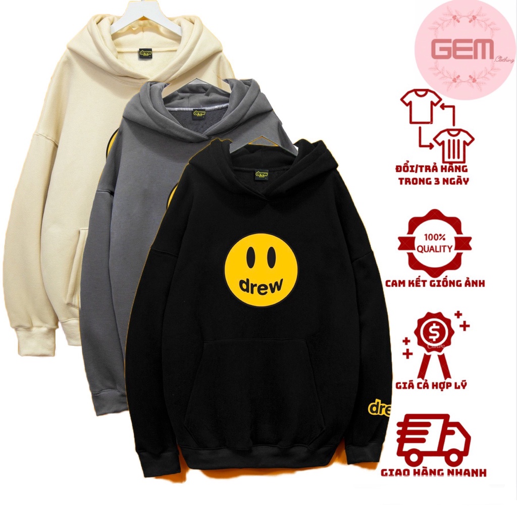 Áo nỉ bông hoodie DREW MẶT CƯỜI ulzzang , Áo nỉ hoodie unisex nam nữ form rộng oversize chất liệu Cotton