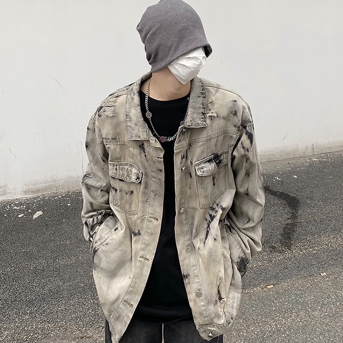 Áo khoác jean denim nam nữ unisex form rộng xám loang, áo khoát jacket jean nam nữ phong cách retro đường phố 1014