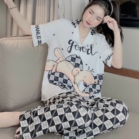 Bộ đồ pijama mặc nhà lụa mango họa tiết 3D cao cấp quần DÀI áo cộc thời trang