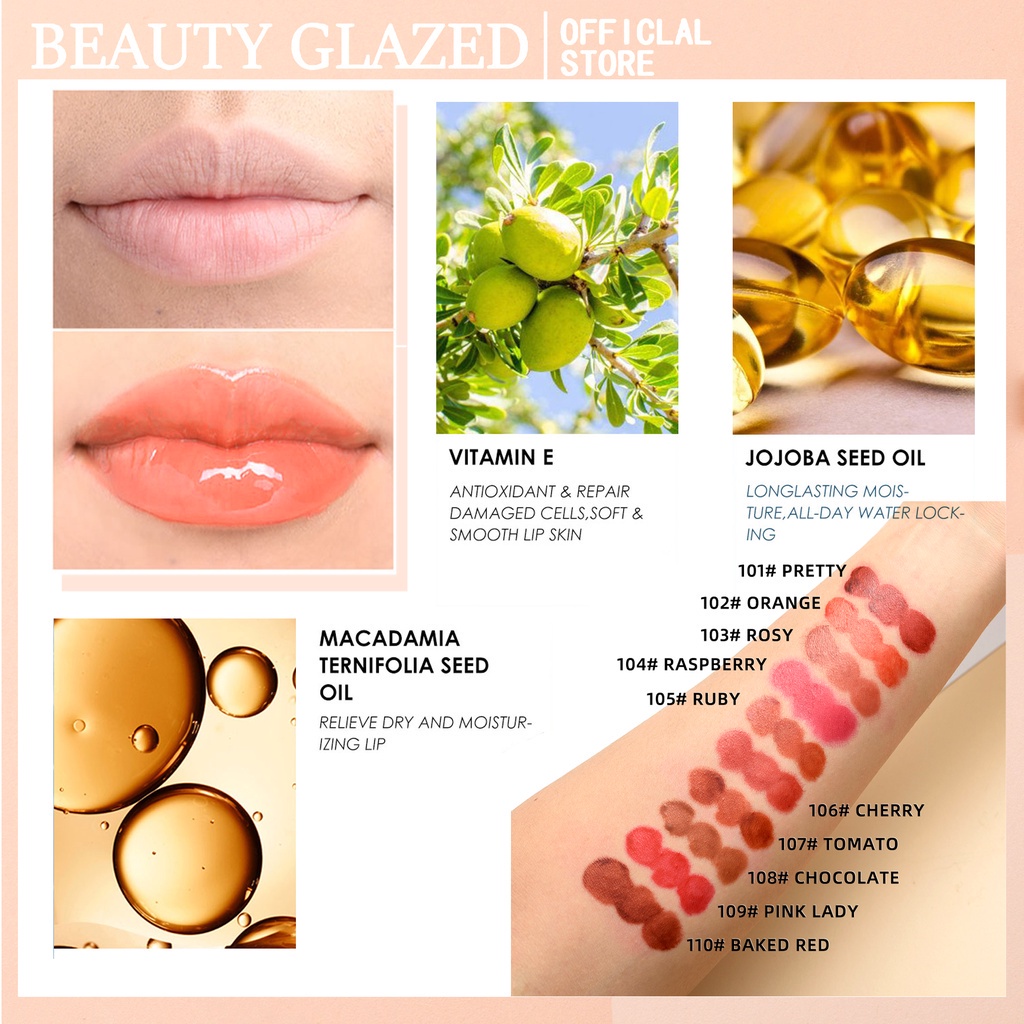 BEAUTY GLAZED Son Nước Bóng Ánh Nhũ Lấp Lánh Có Tinh Chất Dưỡng Môi Mềm Mại Nhiều Màu Sắc Nữ Sinh Duyên Dáng SPB01196