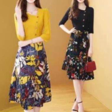 Đầm Xoè Tay Lỡ Phối Nút - Váy Đầm Thun Cổ Lệch Phối Voan Dáng Xoè Cao Cấp ~FREESHIP