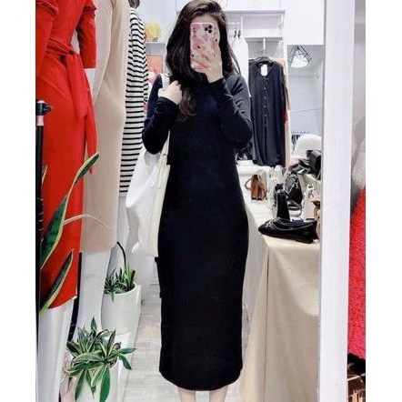 Đầm midi FOREVER21 len thun gân tăm cổ lọ gấp cao 5cm tay dài đen