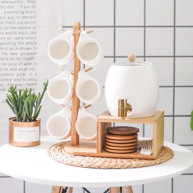 BỘ ẤM CHUM SỨ CAO CẤP + Tặng kèm kệ chống mối mọt, 6 muỗng sứ sang trọng,  bình dung tích lớn chịu được nhiệt cao