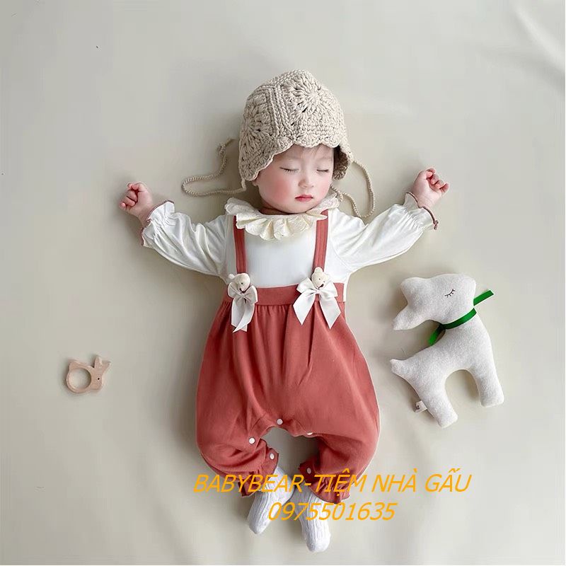 Body gắn nơ gấu bé gái xinh xắn đáng yêu dài tay dài chân chất liệu len tăm cao cấp cho bé