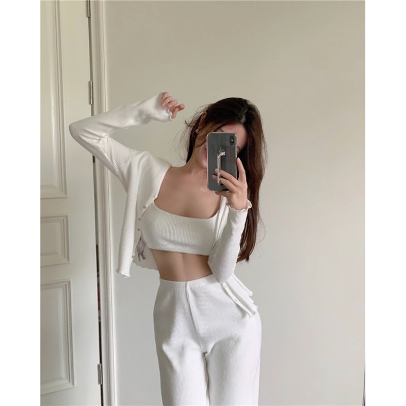 [Có ảnh thật] Set áo croptop 2 dây+áo khoác cardigan+ quần trắng thanh lịch sang chảnh (có tách lẻ)SAM SAM BOUTIQUE