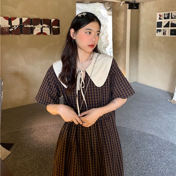 CÓ SẴN Váy/ Đầm suông cổ búp bê bánh bèo họa tiết caro - 3 ẢNH THẬT Ở CUỐI