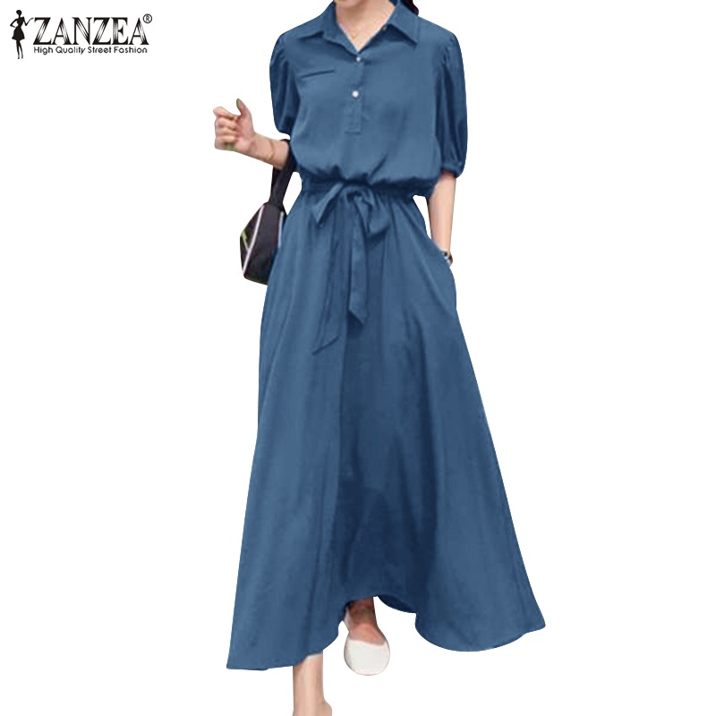 Đầm xòe ZANZEA tay phồng ngắn cài nút trước thời trang dành cho nữ