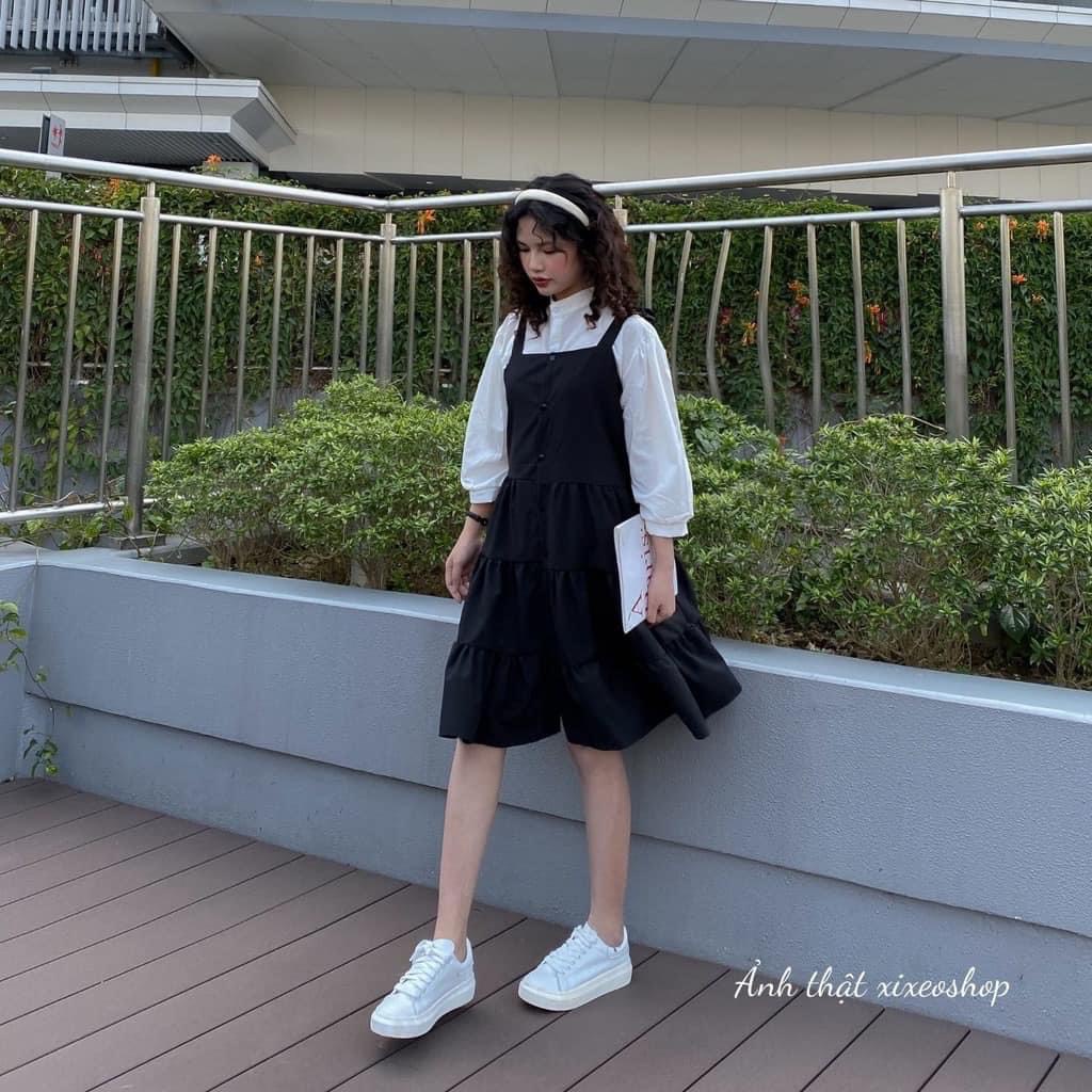 Sét yếm váy 2 dây babydoll Thắt nơ kèm sơ mi tay bồng cổ tàu chất voan phong cách ulzzang hàn quốc-TONGKHOQUANAO