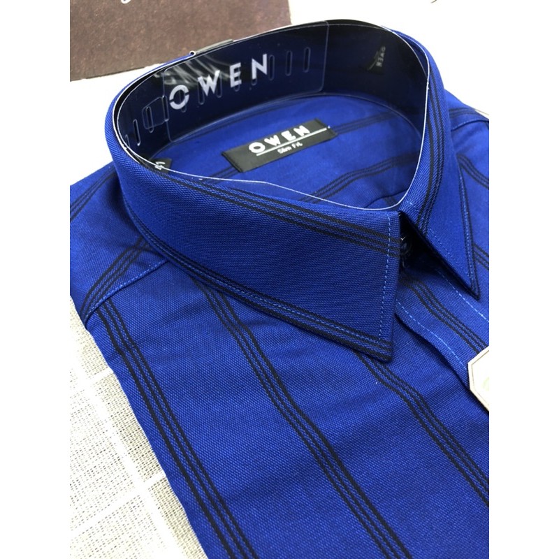 Áo sơ mi owen dài tay màu xanh navy kẻ sọc đen chìm slim fit vải tre AS22664D