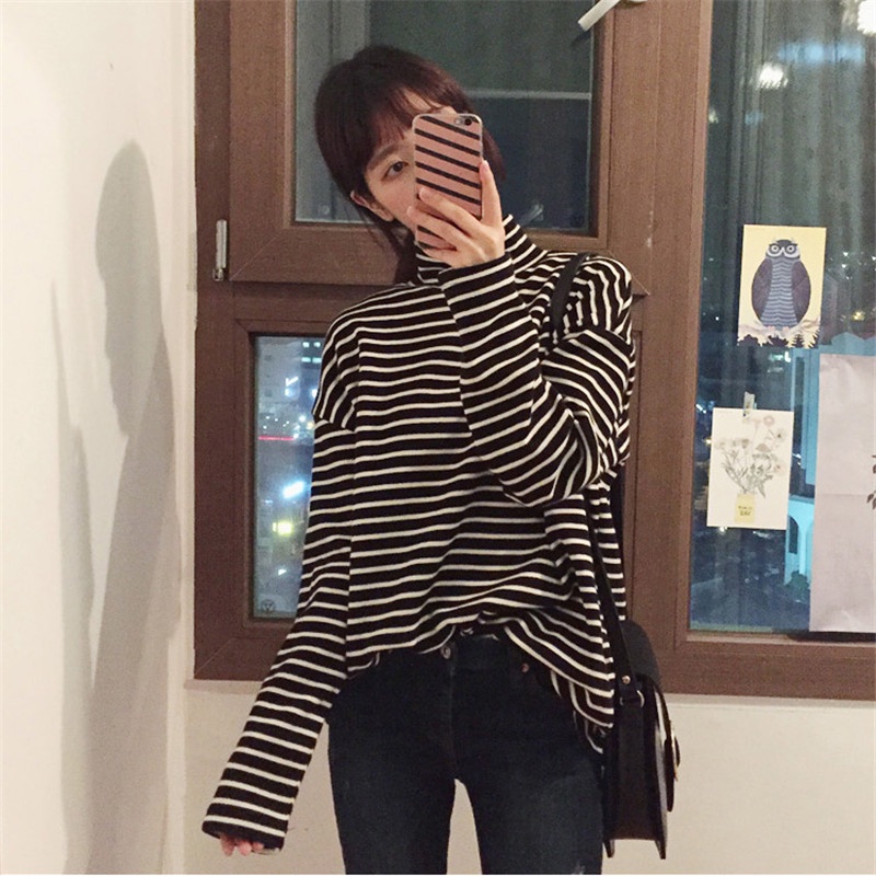 Áo thun DIDIKA tay dài cổ cao form rộng họa tiết kẻ sọc phong cách Preppy thời trang mùa xuân mới cho nữ