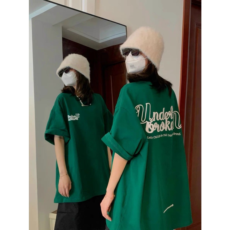 Áo thun tay lỡ cotton in chữ UNDER BROKEN xanh lá Free size