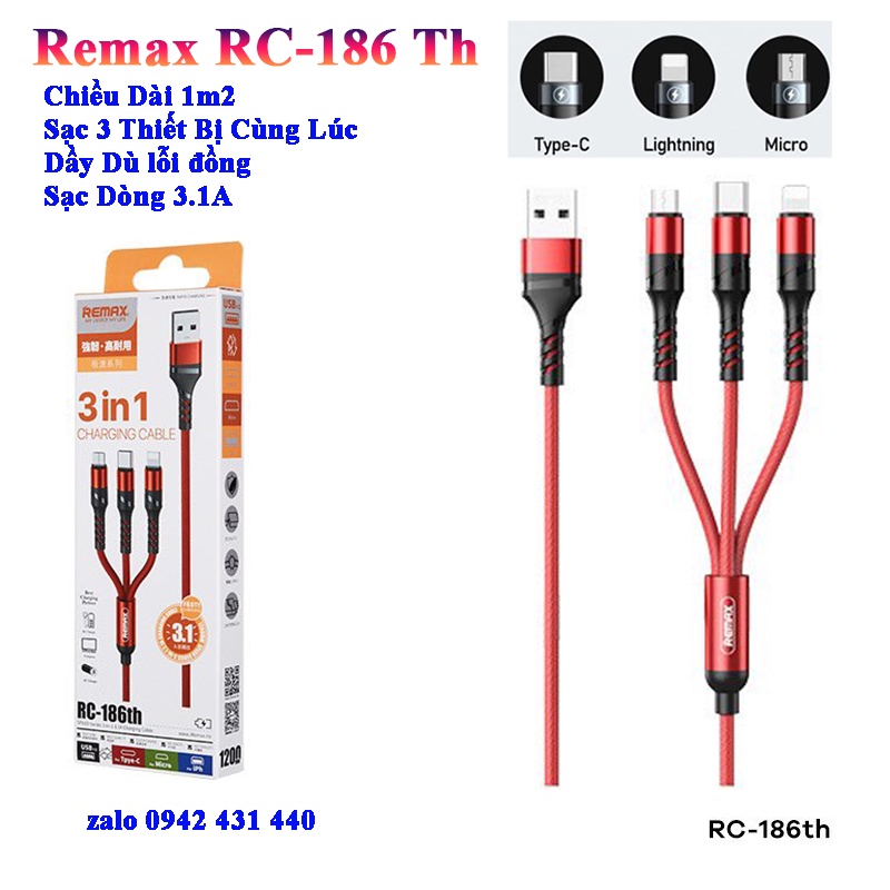 Cáp sạc 3 đầu Remax RC-186TH ✓ IP , Micro USB , Type C ✓ Bảo hành Toàn Quốc