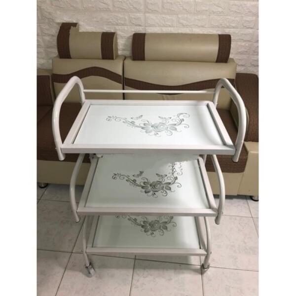 [ Xe đẩy ] Spa 3 tầng mặt kính hoa văn có khay Dùng Cho Quán Tóc Spa Tmv