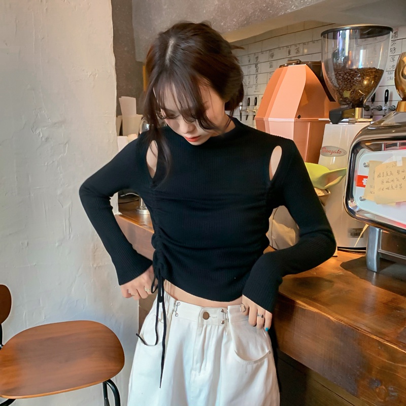 Áo dệt kim ZHELIHANGFEI tay dài cổ cao phối dây rút trẻ trung quyến rũ dành cho nữ