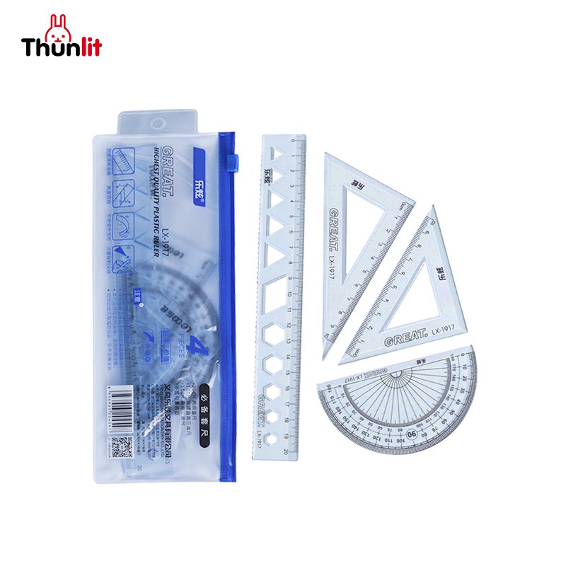 Bộ 4 thước Thunlit 2023 mới đơn giản màu xanh lam trong suốt đo chính xác dành cho học sinh