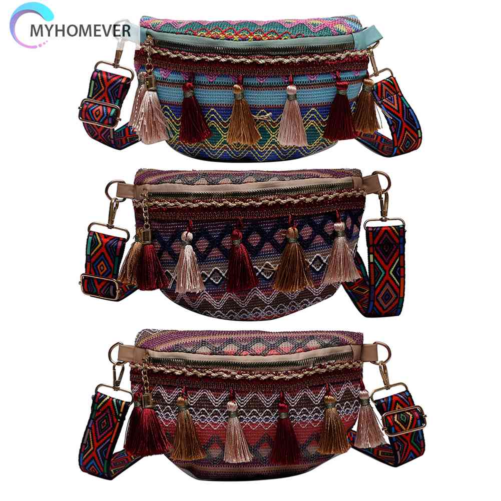 Túi Đeo Chéo Ngực Vải Canvas Phối Tua Rua Phong Cách Thổ Cẩm