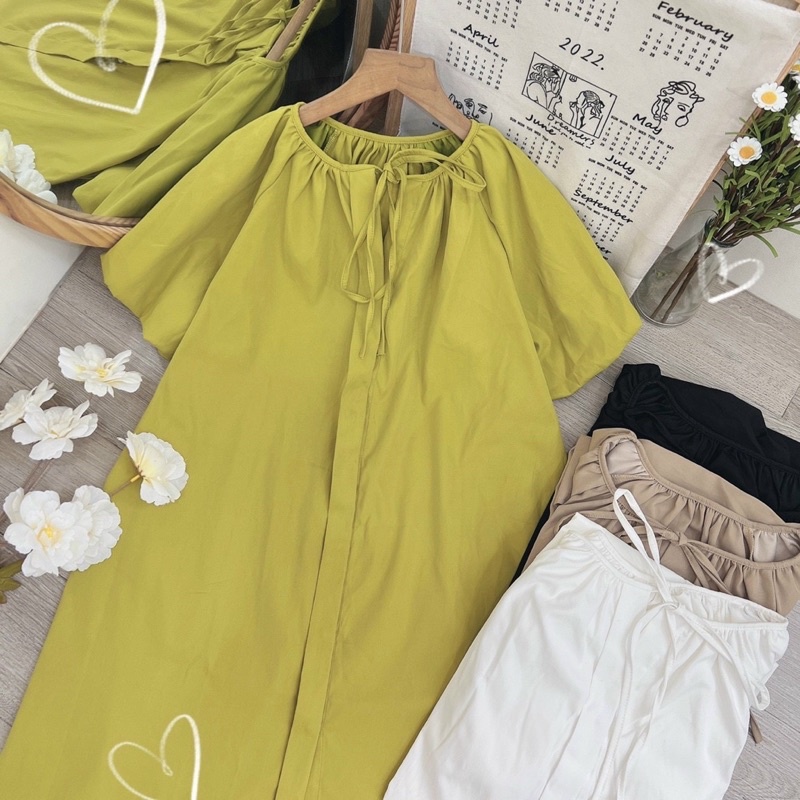 Đầm suông tay bồng gài nút cột nơ xinh xắn [kèm hình thật]