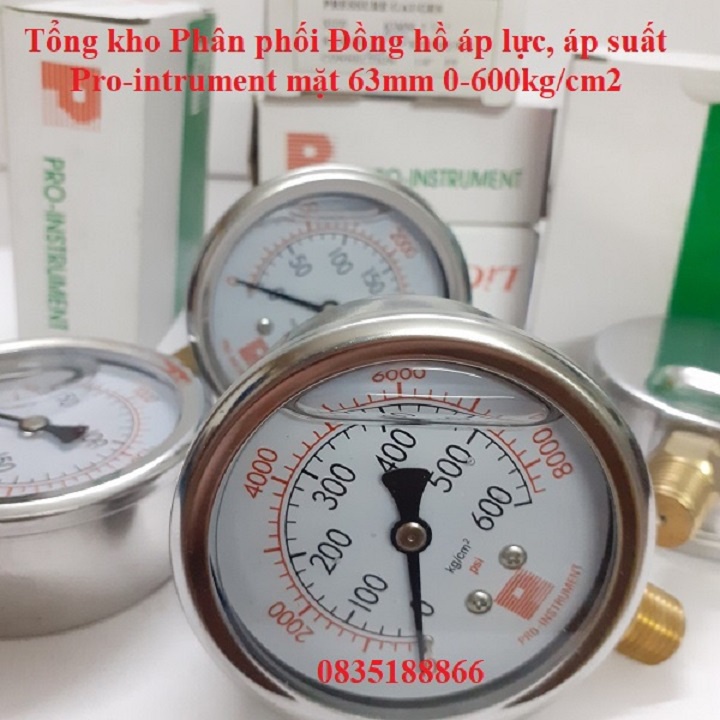Đồng hồ đo áp suất, áp lực, nước hơi khí nén Pro Instrument 600Kg/cm2 mặt có Dầu 63mm