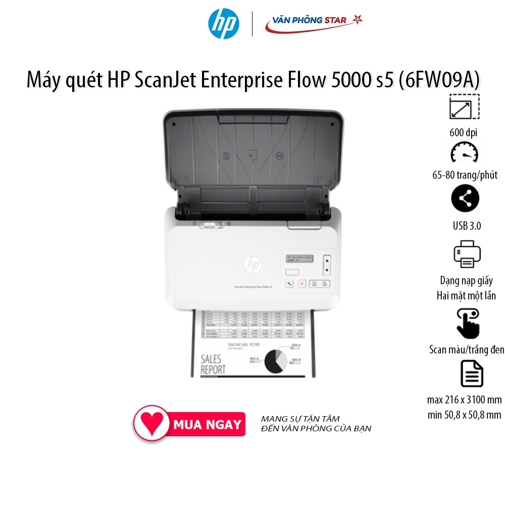 Máy quét HP ScanJet Enterprise Flow 5000 s5 (6FW09A) tốc độ 60 - 85 trang/phút độ phân giải 600 dpi Scan 2 mặt