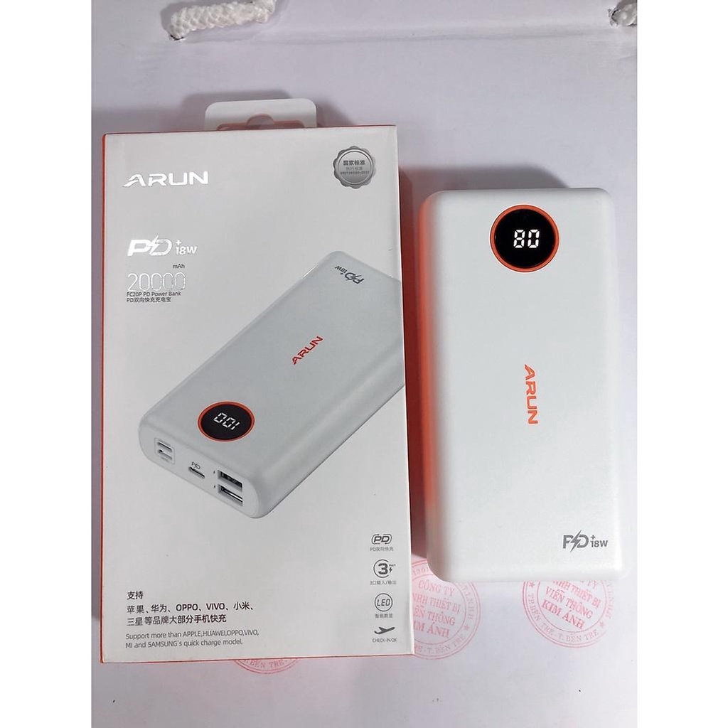 Sạc Dự Phòng Arun 20000 mAh  Sạc Nhanh 2 Chiều Type C, Hàng chính hãng bảo hành 6 tháng