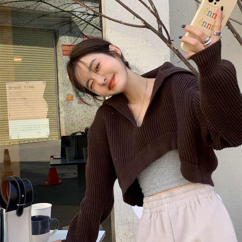 Áo ZHELIHANGFEI dệt kim tay dài cổ polo dáng ngắn thiết kế lệch tà phong cách cá tính dành cho nữ