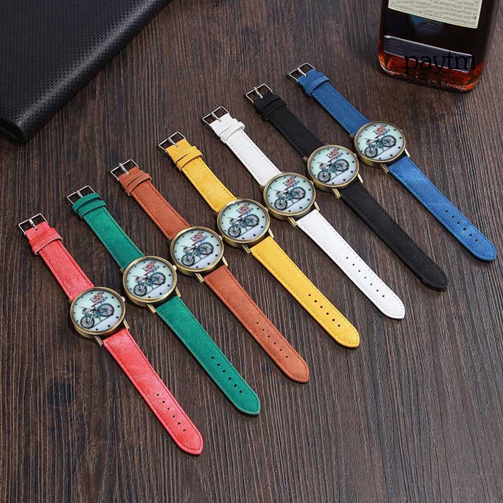 Đồng Hồ Analog Máy Quartz Mặt Tròn Dây Vải Canvas In Hình Xe Đạp Cổ Điển Unisex