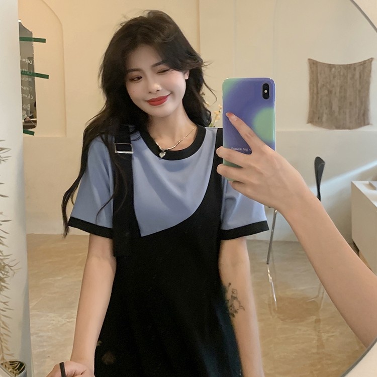 Đầm ZHELIHANGFEI ngắn tay giả hai lớp thiết kế không đồng đều xinh xắn thời trang