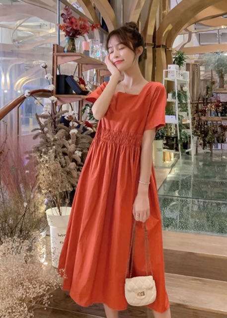 Đầm váy babydoll cam nơ sau