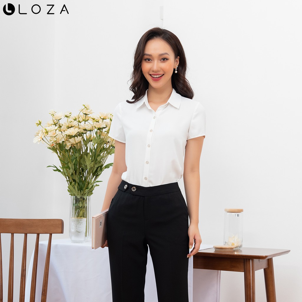 [Mã FASHIONMALLT4 giảm 15% đơn 150k] Áo sơ mi nữ trắng LOZA cổ đức - LS1450