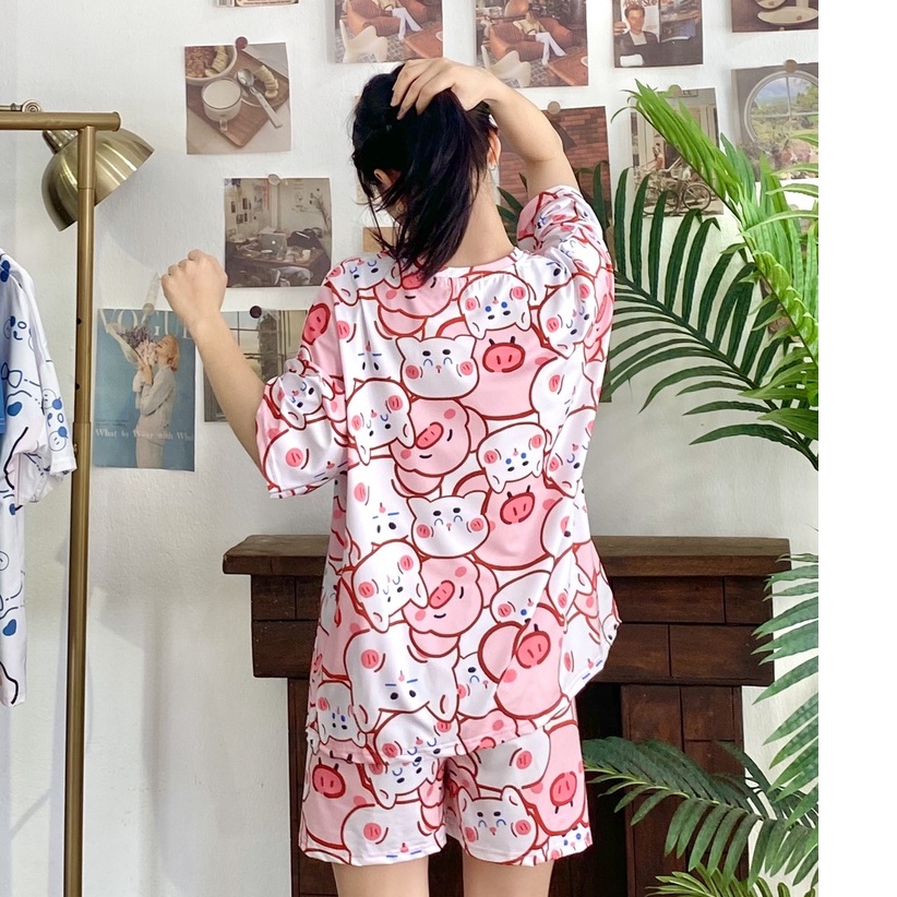 Pijama bộ đồ ngủ, bộ đồ nữ mặc nhà chất liệu cotton cộc tay áo phông, quần đùi - Poohouse BN-PINKPIG