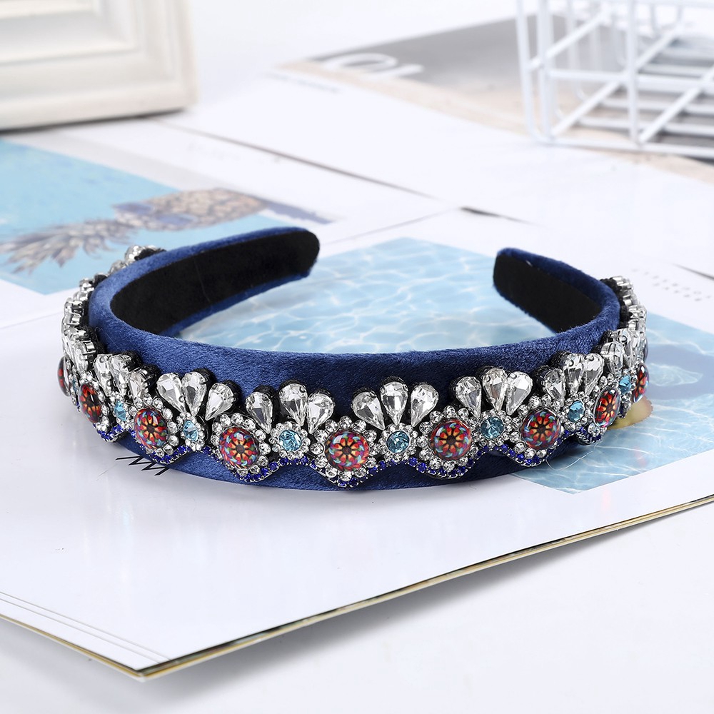 Retro Crystal Diamond Velvet Headband Woman Fashion Rhinestone Wide-brim Hair Band Crown Headdress