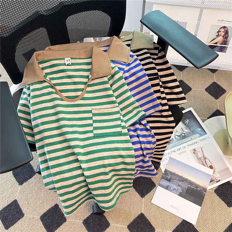 Áo Thun Nữ Ngắn Tay Cổ Chữ V Họa Tiết Sọc Ngang Thời Trang