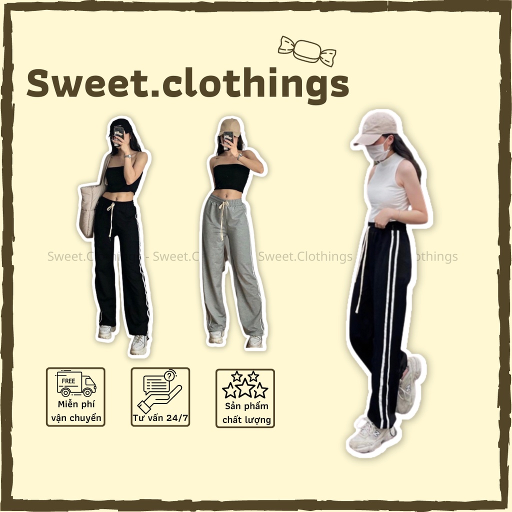Quần Jogger nữ kẻ sọc trắng rút gấu chất da cá FREESIZE 2 màu xám đen SWEET.CLOTHINGS