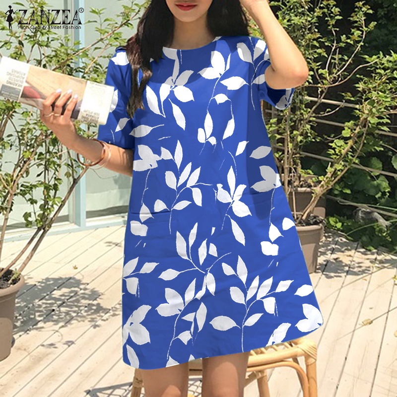 Đầm ZANZEA tay ngắn cổ tròn in họa tiết hoa lá phong cách cổ điển thời trang