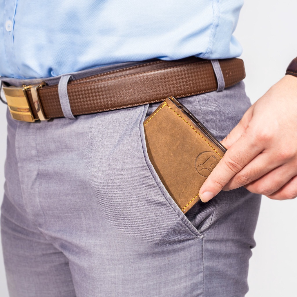 Ví nam da bò sáp ngựa điên khâu tay thủ công loại một ngăn dáng đứng dáng ngang chính hãng Bioline