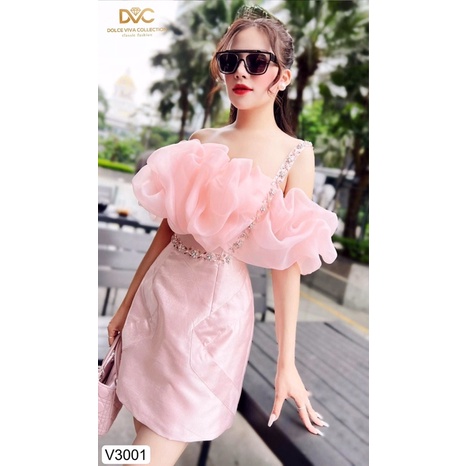 V3001 váy dự tiệc cao cấp trễ vai màu hồng