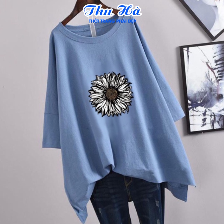 Áo phông unisex freesize form rộng tay lỡ Thu Hà chất liệu thun Cotton in hình Hoa Hướng Dương