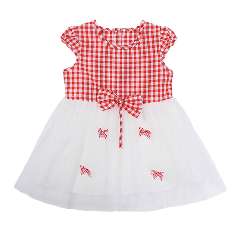 Đầm Công Chúa Tay Ngắn Phối Lưới Nơ Họa Tiết Sọc Caro Thời Trang Mùa Hè Hàn Quốc 2022 Mới Cho