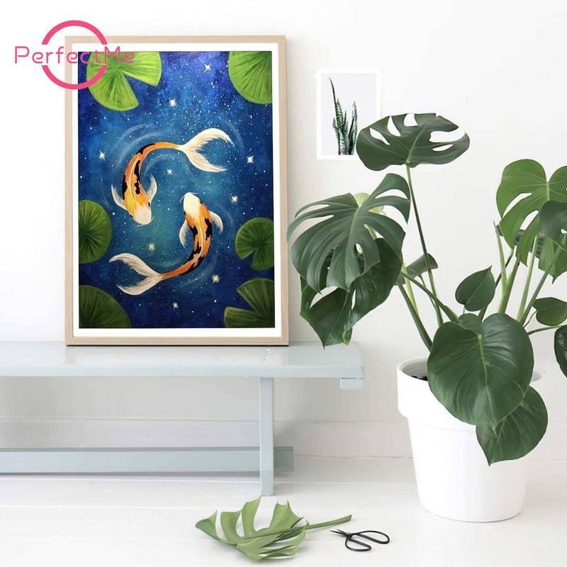 Tranh Đính Đá 5D Tự Làm Hình Cá koi Hoa Sen 30x40cm Kèm Phụ Kiện