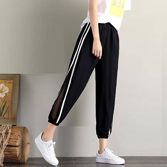 Quần Baggy Nữ Đũi Nhật Sọc Lưới Bo Gấu Hot Trend
