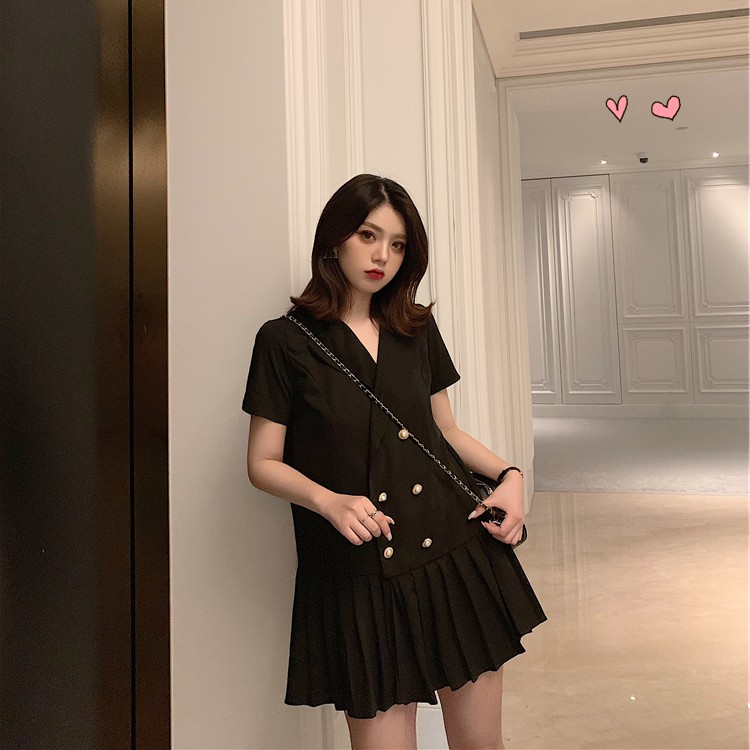 (Hàng Đẹp)Ảnh thật 3 hình cuối-Váy cổ vest xếp li đuôi cá Ulzzang