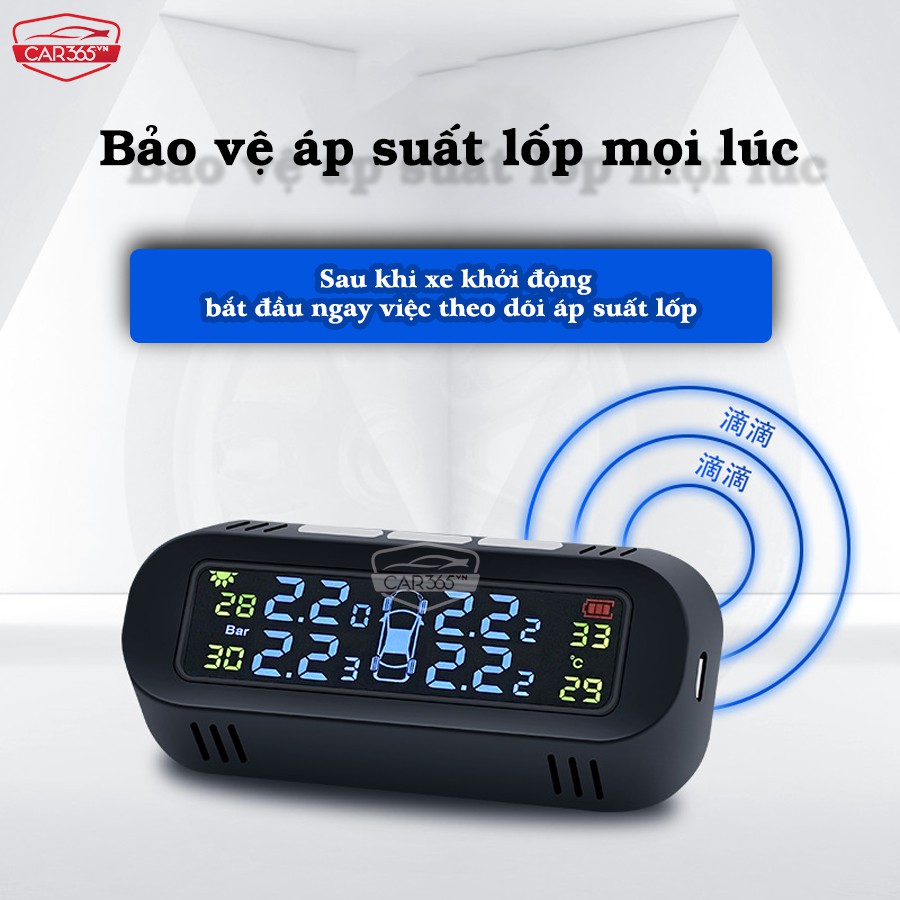 Cảm biến áp suất lốp ô tô xe hơi Car365 CHÍNH HÃNG - Màn hình màu gắn kính lái sạc năng lượng mặt trời - CAR28