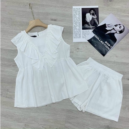 Đồ bộ nữ mặc nhà MADELA bánh bèo vai bồng tay ngắn, set babydoll màu trắng nâu không tay