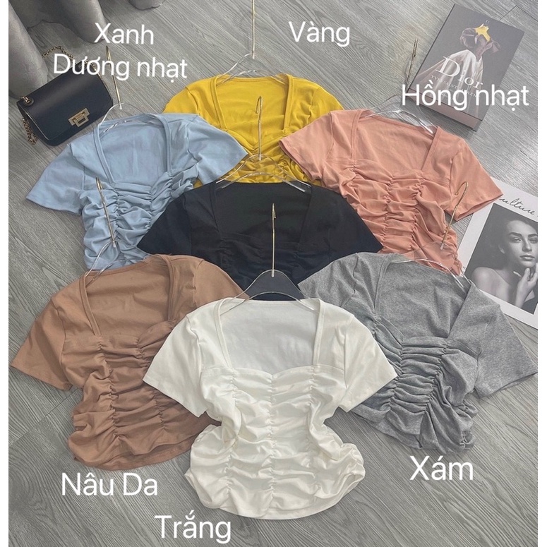 Áo thun Croptop body tay ngắn Cổ U nhún phía trước ( Vàng )