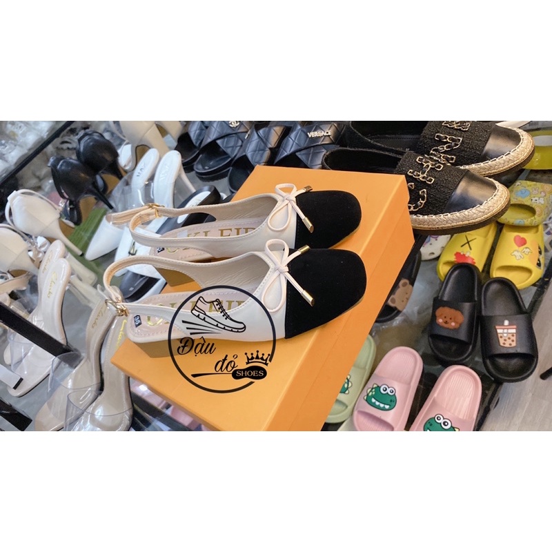 Giày sandanl cao gót nữ bít mũi gắn nơ đế vuông 3cm ảnh thật shop tự quay