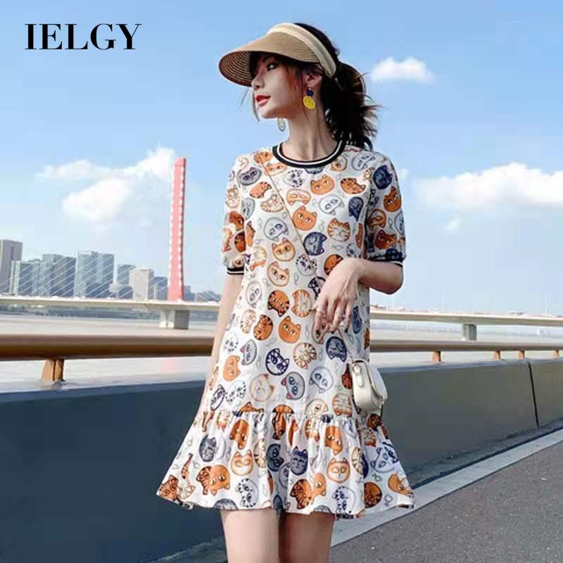 Đầm chữ A IELGY cổ tròn in họa tiết dễ thương size lớn thời trang cho nữ